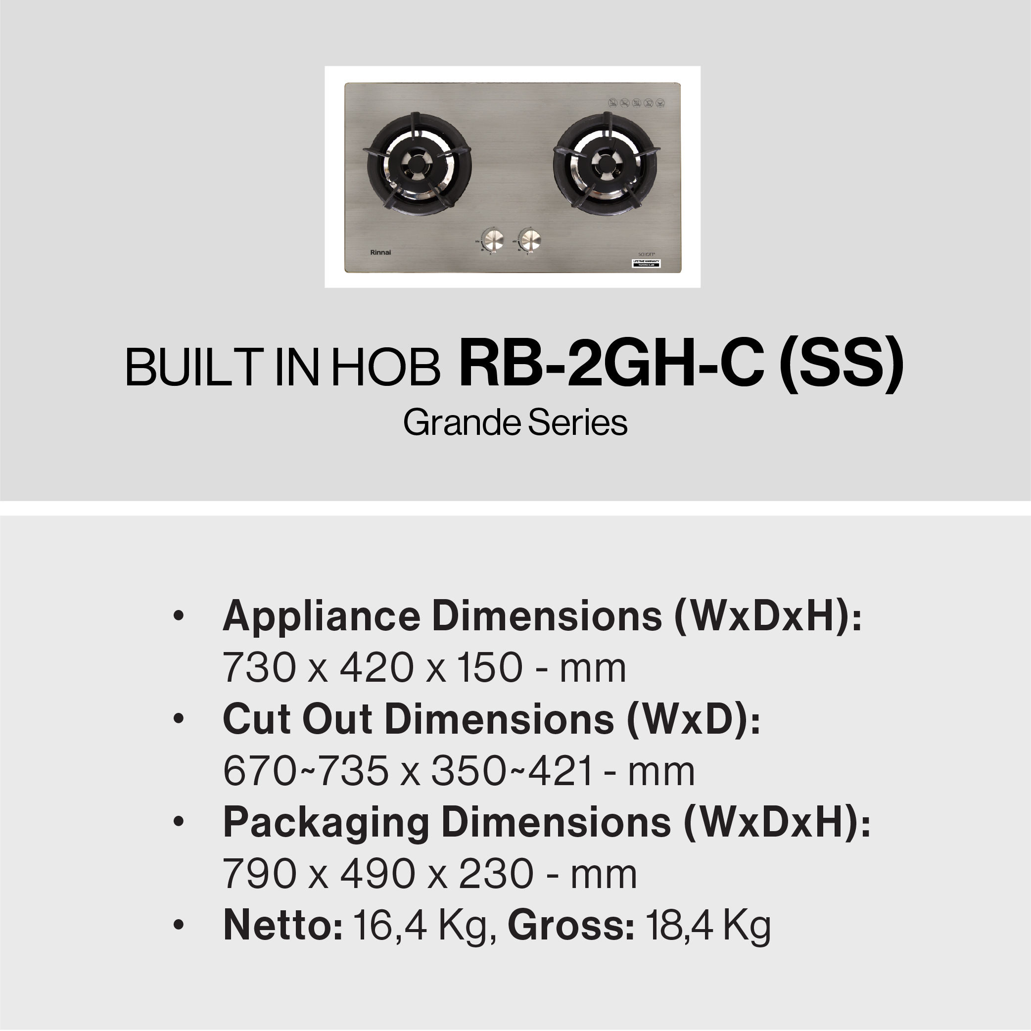 Rinnai Kompor Tanam 2 Tungku Grande - RB2GH SS